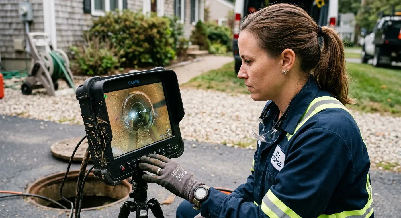Technician reviewing sewer camera inspection footage in Pontoon Beach