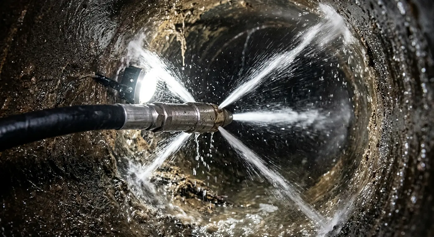 High-pressure hydro jetting nozzle cleaning sewer pipe for Sewer Cleanout in Pontoon Beach