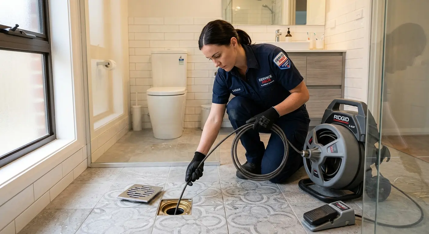 Technician clearing a bathroom floor drain for Hydro Jetting in Pontoon Beach